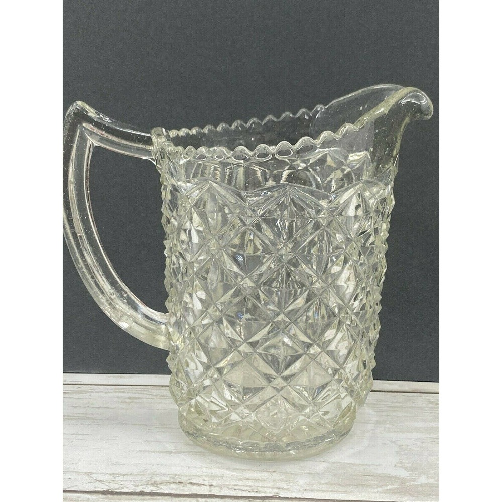 Vintage Cut Crystal Glass Water Milk Pitcher Diamond Point Cut 6" Tall